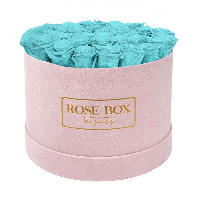 Large Round Pink Box with Turquoise Roses
