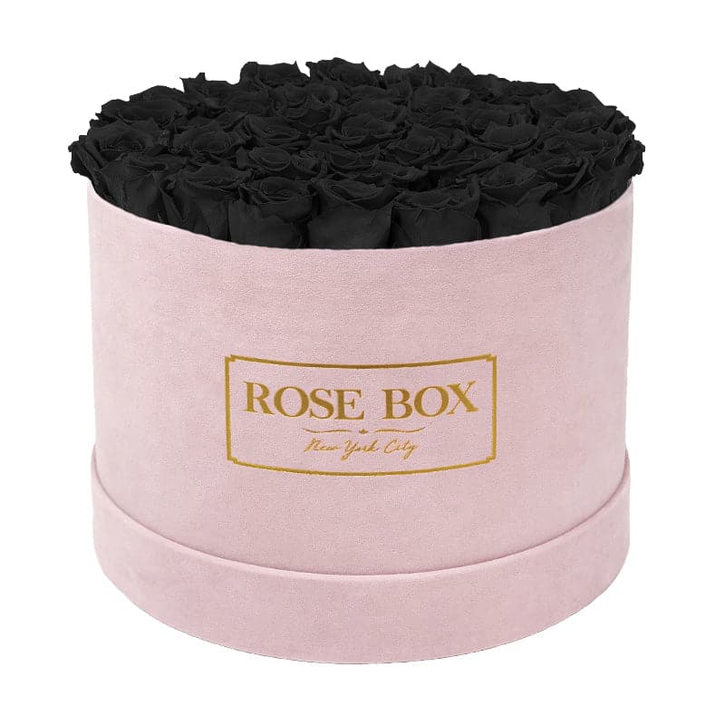 Large Round Pink Box with Black Velvet Roses