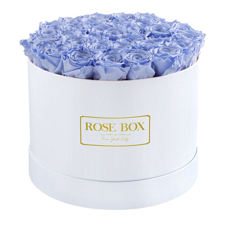 Large Round White Box with Light Blue Roses