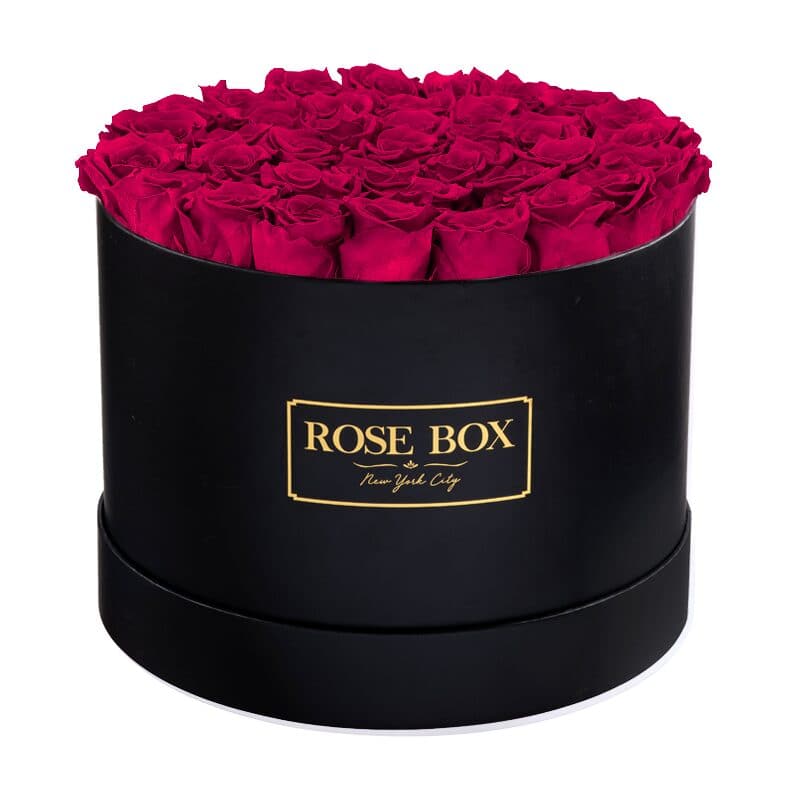 Large Round Black Box with Ruby Pink Roses
