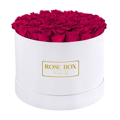 Large Round White Box with Ruby Pink Roses