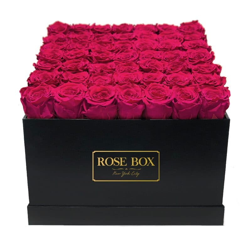 Large Black Square Box with Ruby Pink Roses