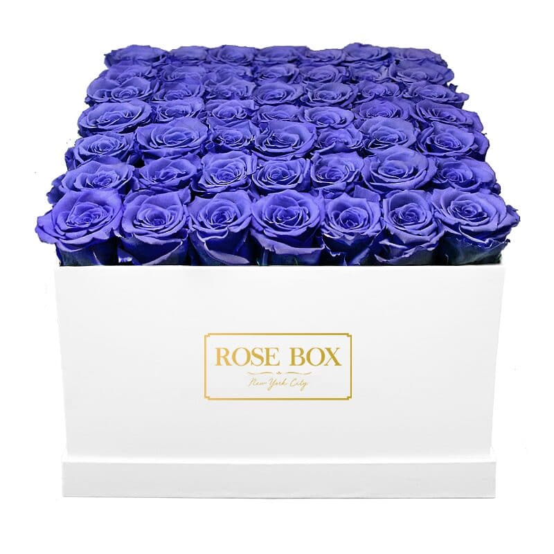 Large White Square Box with Spring Purple Roses