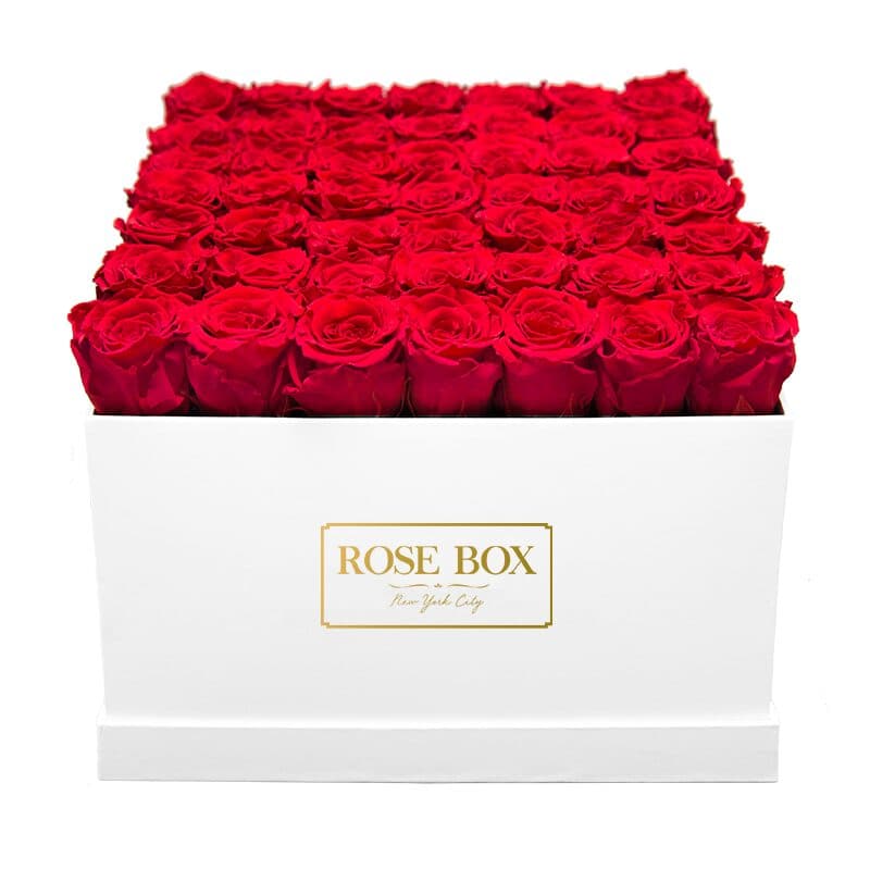 Large White Square Box with Red Flame Roses