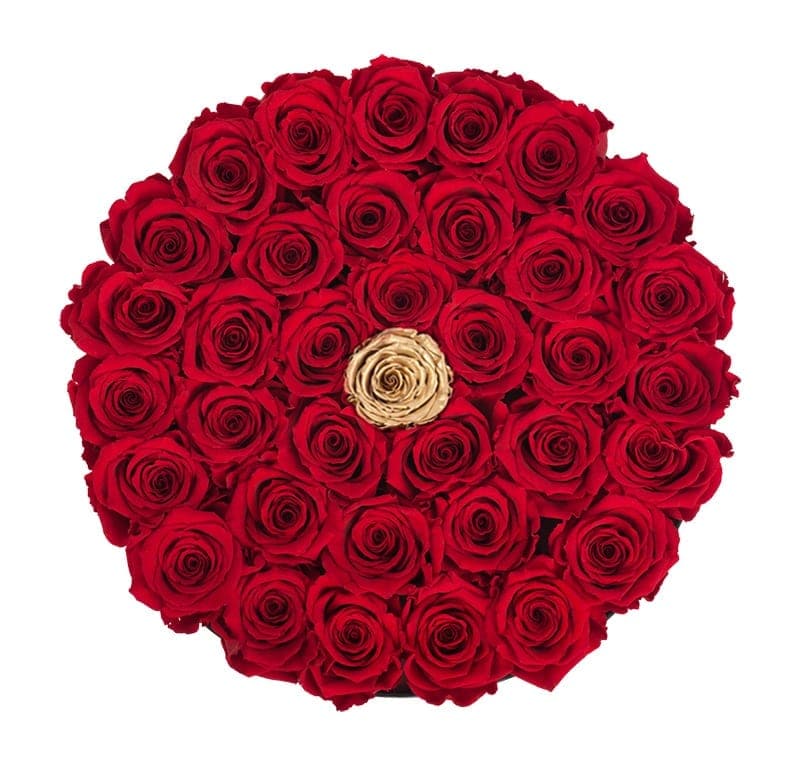 Large Round Black Box with Red Roses and Center Gold