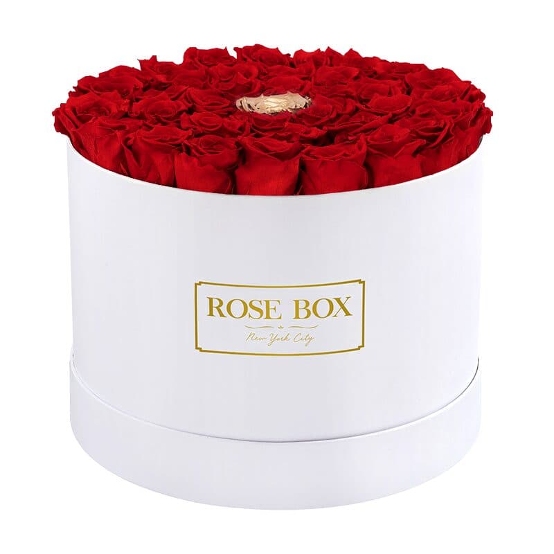 Large Round White Box with Red Roses and Center Gold