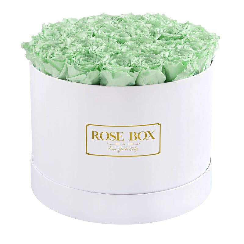 Large Round White Box with Light Green Roses