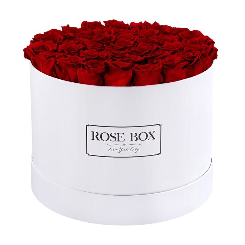 Large Round White Box with Red Wine Roses