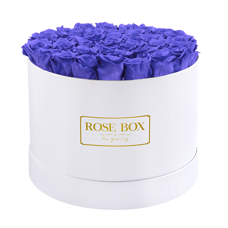 Large Round White Box with Spring Purple Roses
