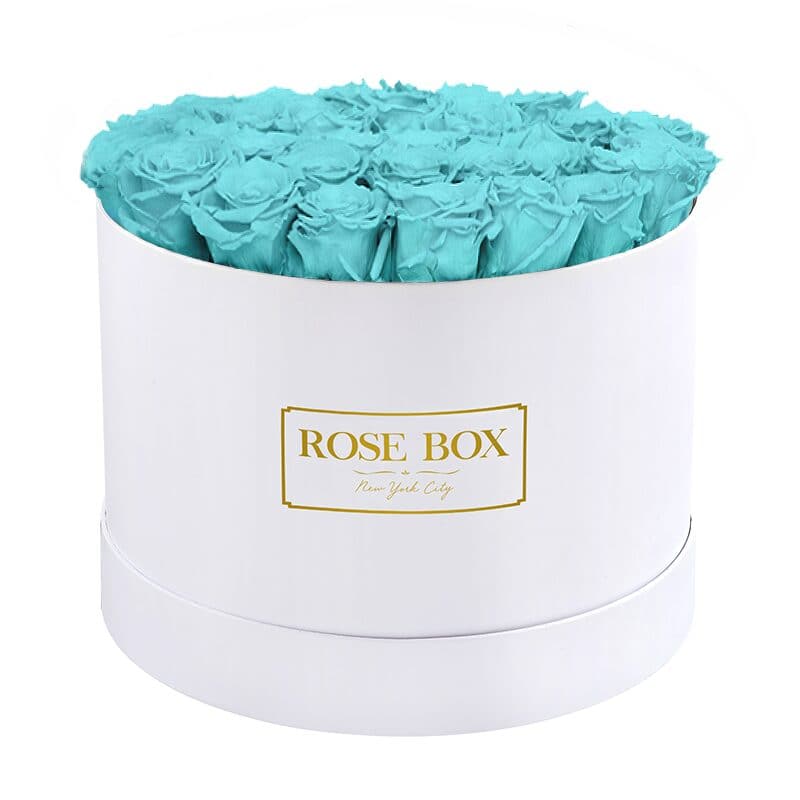 Large Round White Box with Turquoise Roses