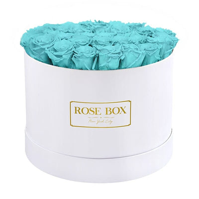Large Round White Box with Turquoise Roses