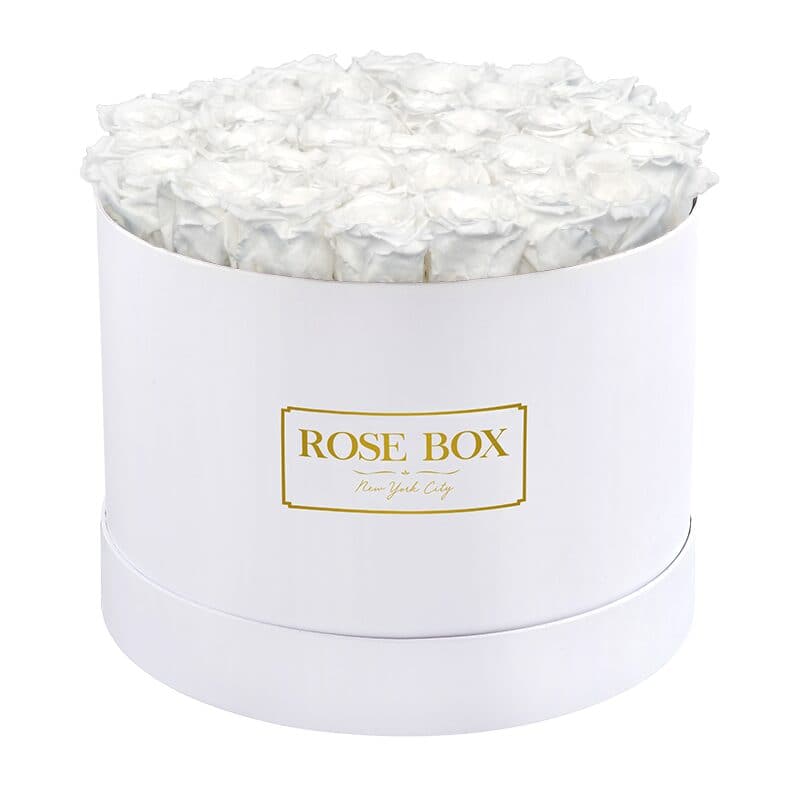 Large Round White Box with Pure White Roses