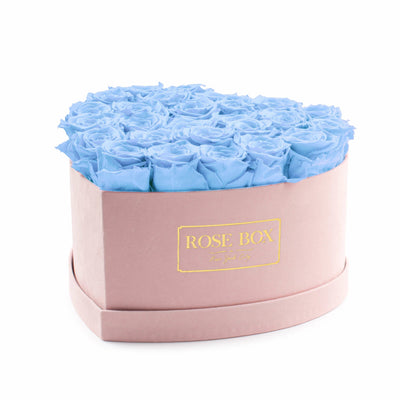 Large Pink Heart Box with Light Blue Roses