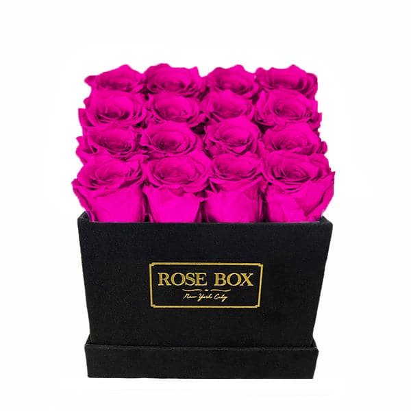 Medium Square Black Box with Neon Pink Roses