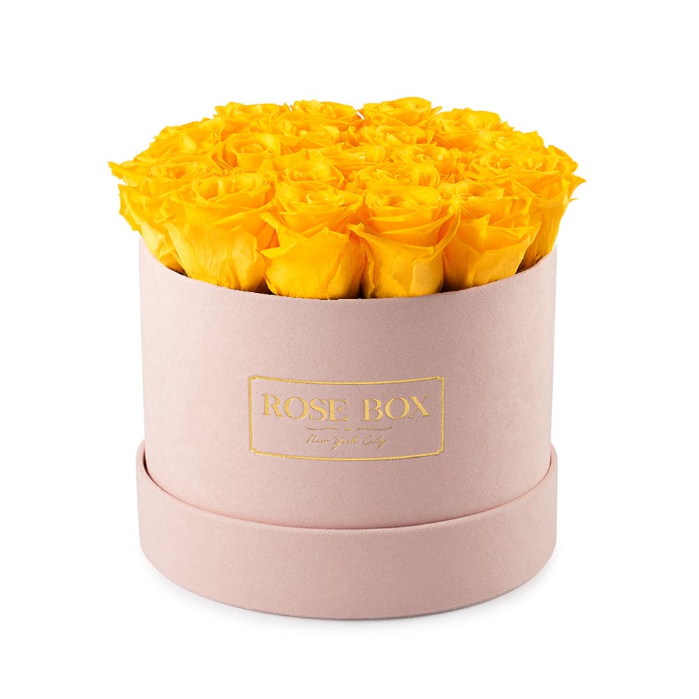 Medium Pink Box with Bright Yellow Roses