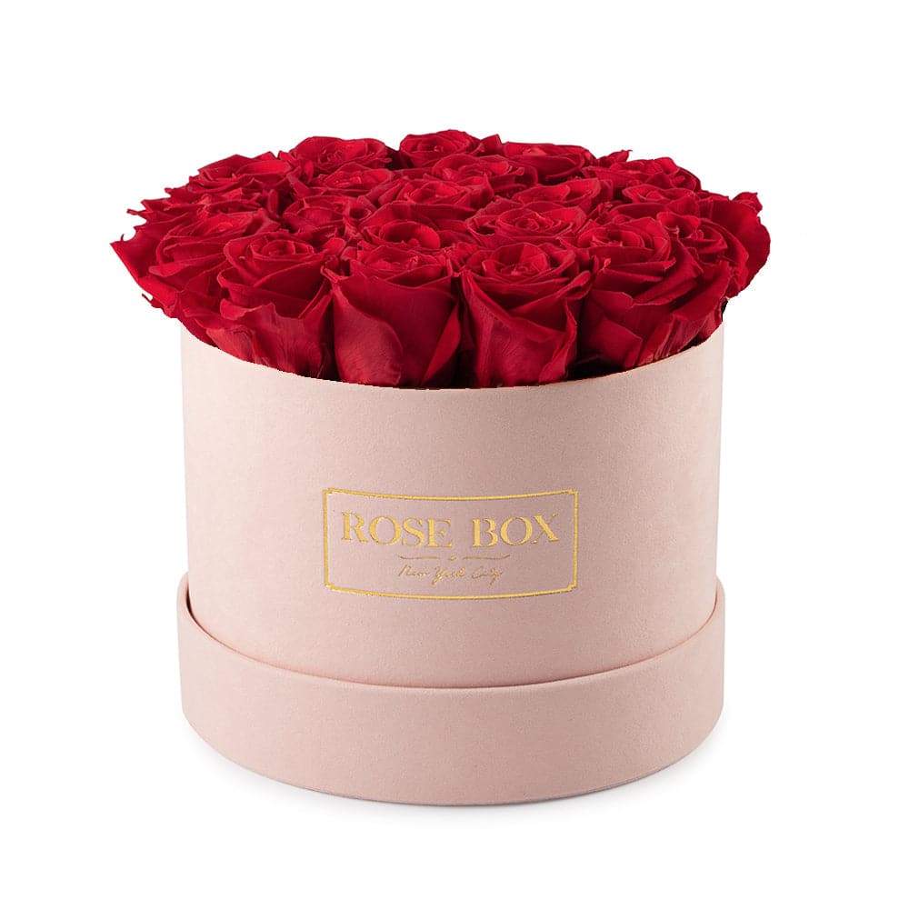 Medium Pink Box with Red Flame Roses