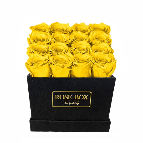 Medium Square Black Box with Bright Yellow Roses