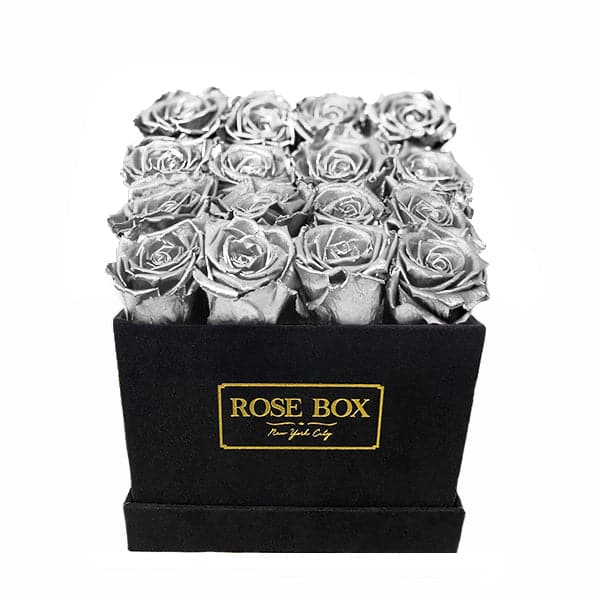 Medium Square Black Box with Silver Roses
