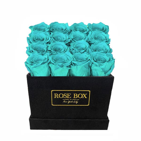Medium Square Black Box with Turquoise Roses