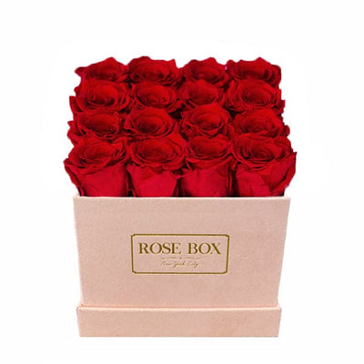 Medium Square Pink Box with Red Flame Roses