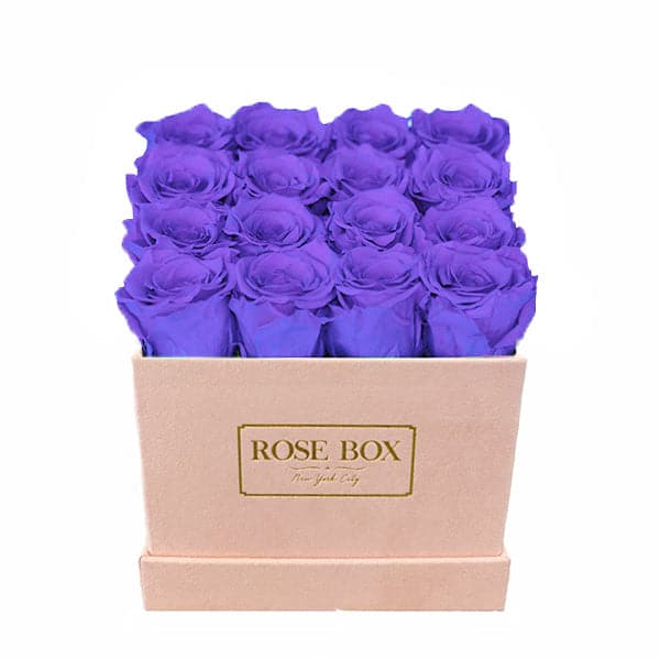Medium Square Pink Box with Spring Purple Roses
