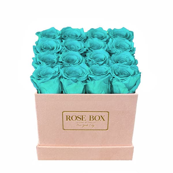 Medium Square Pink Box with Turquoise Roses