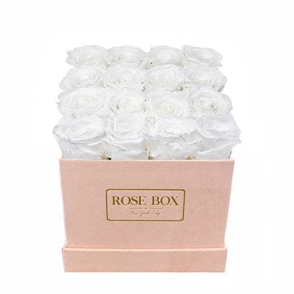 Medium Square Pink Box with Pure White Roses