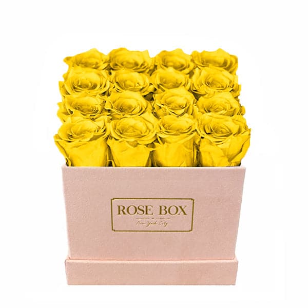 Medium Square Pink Box with Bright Yellow Roses