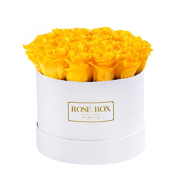Medium White Box with Bright Yellow Roses
