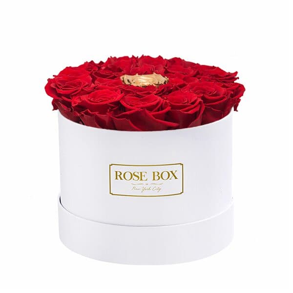Medium White Box with Red Roses and Center Gold (Voucher Special)