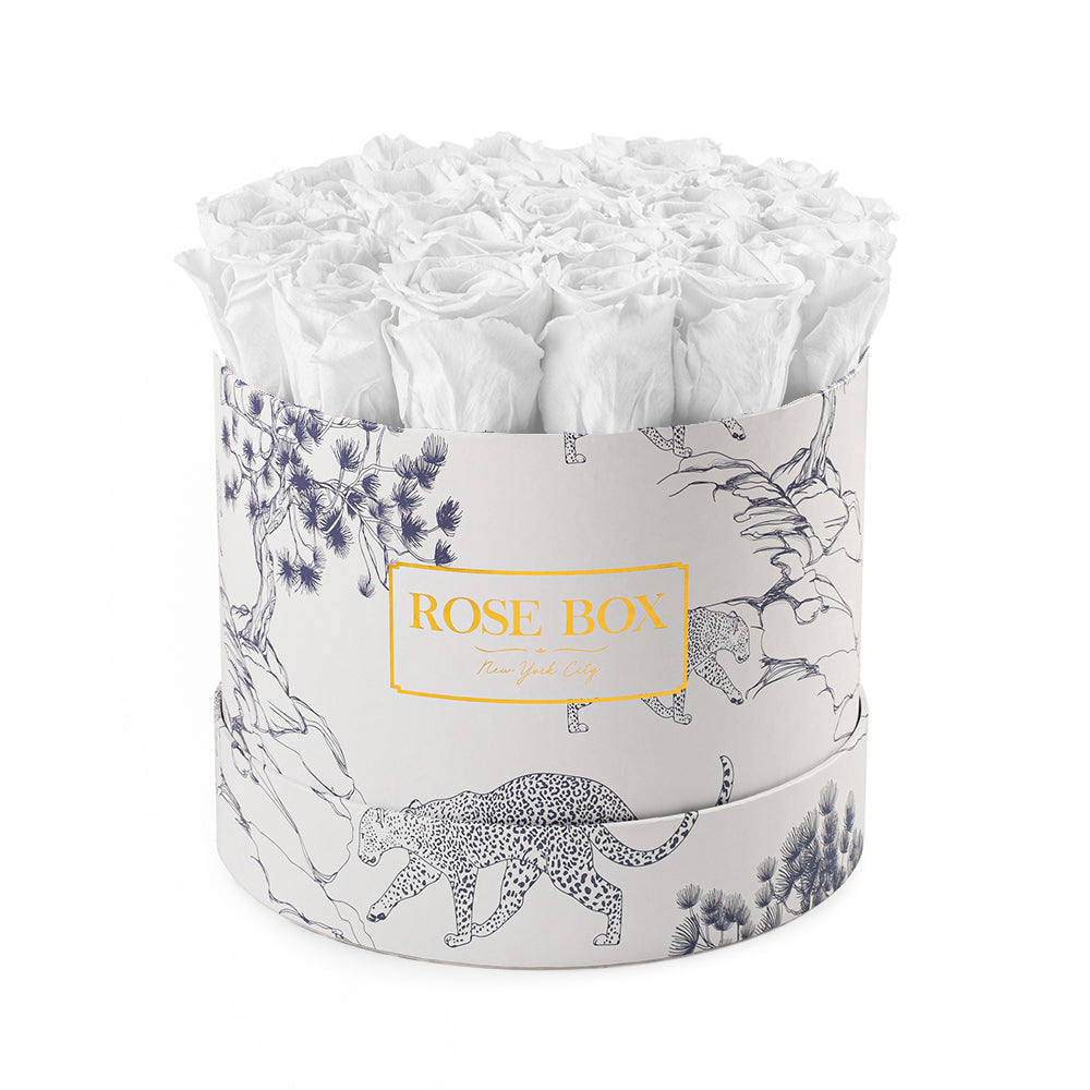 Medium Blue Tiger Box with Pure White Roses