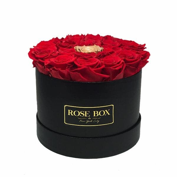 Medium Black Box with Red Roses and Center Gold