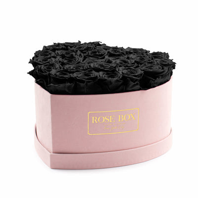 Large Pink Heart Box with Velvet Black Roses