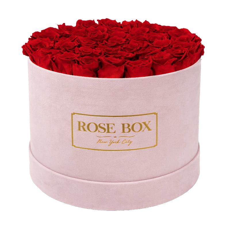 Large Round Pink Box with Red Flame Roses