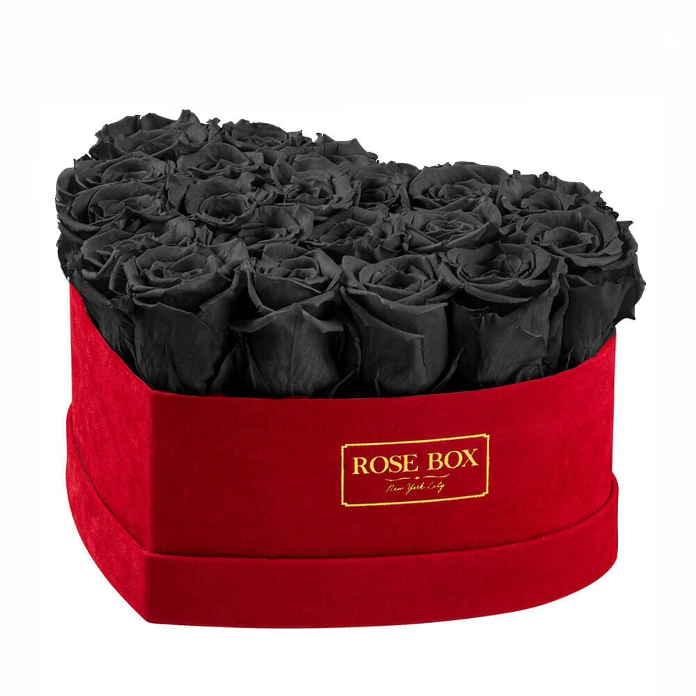 Medium Red Heart Box with Velvet Black Roses