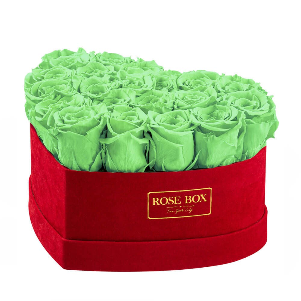 Medium Red Heart Box with Light Green Roses