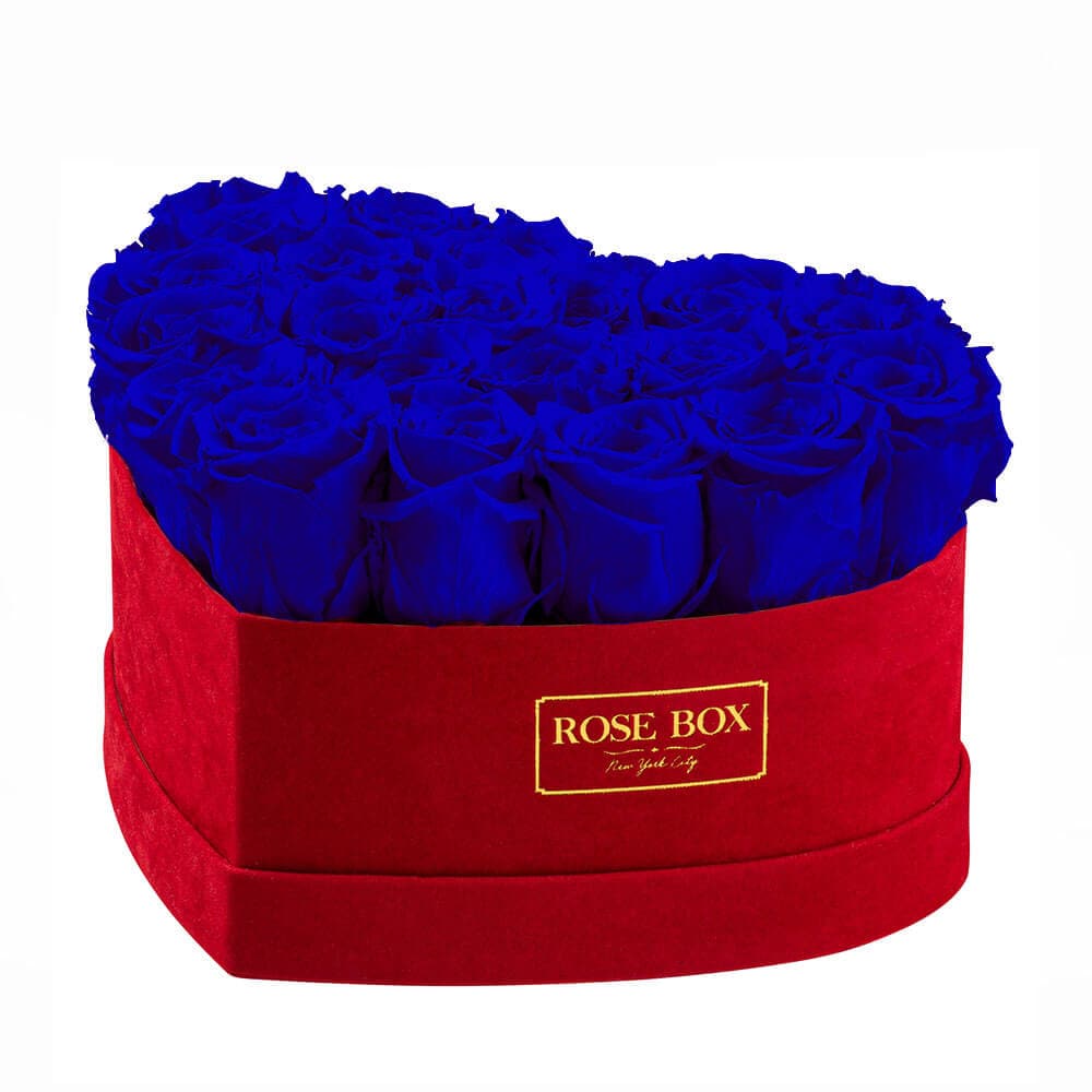 Medium Red Heart Box with Night Blue Roses