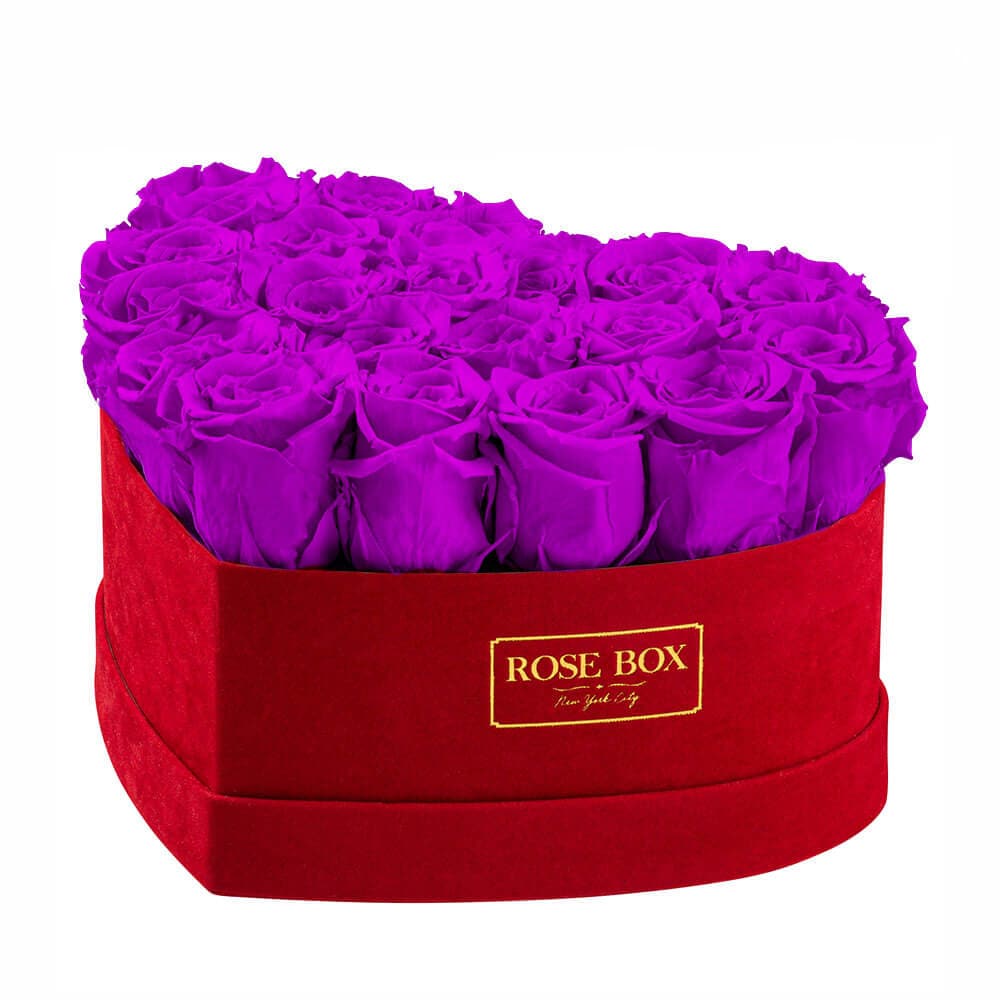 Medium Red Heart Box with Royal Purple Roses