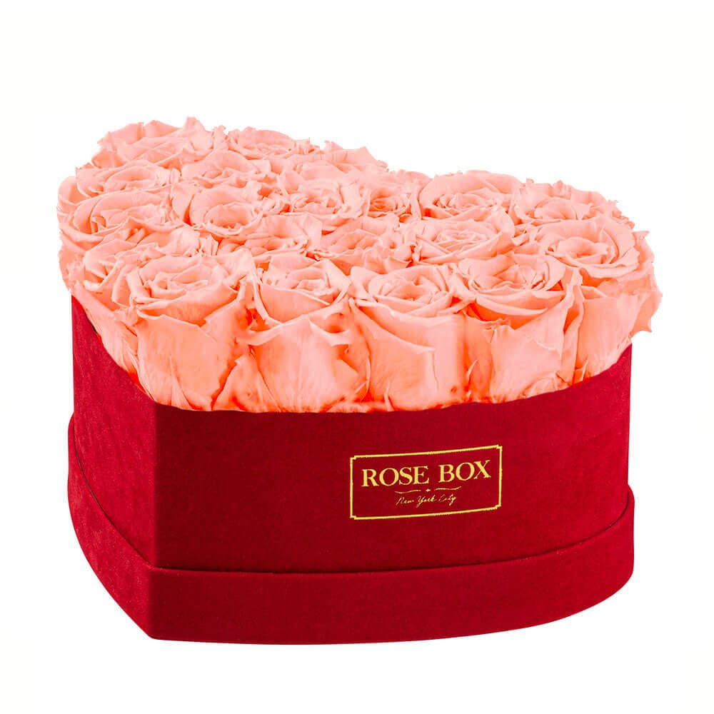 Medium Red Heart Box with Sorbet Peach Roses