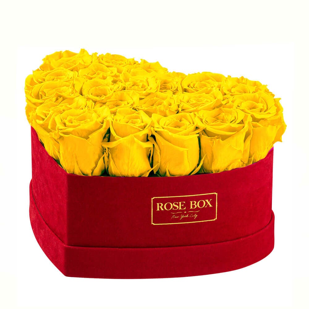 Medium Red Heart Box with Bright Yellow Roses