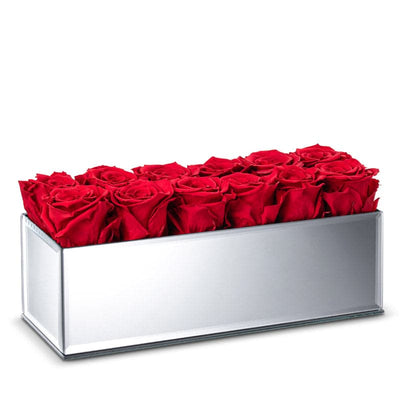 Silver Mirrored Table Centerpiece with Red Flame Roses