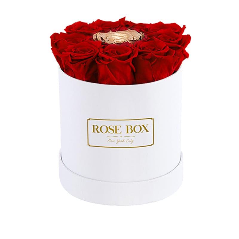 Small White Box with Red Roses and Center Gold