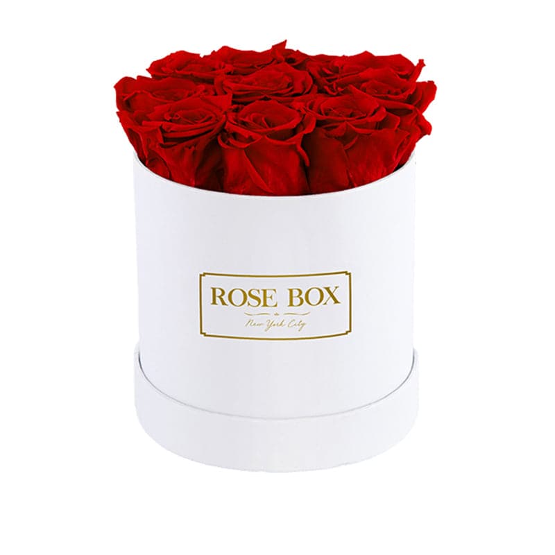 Small White Box with Red Flame Roses