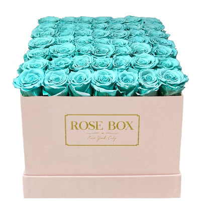Large Pink Square Box with Turquoise Roses