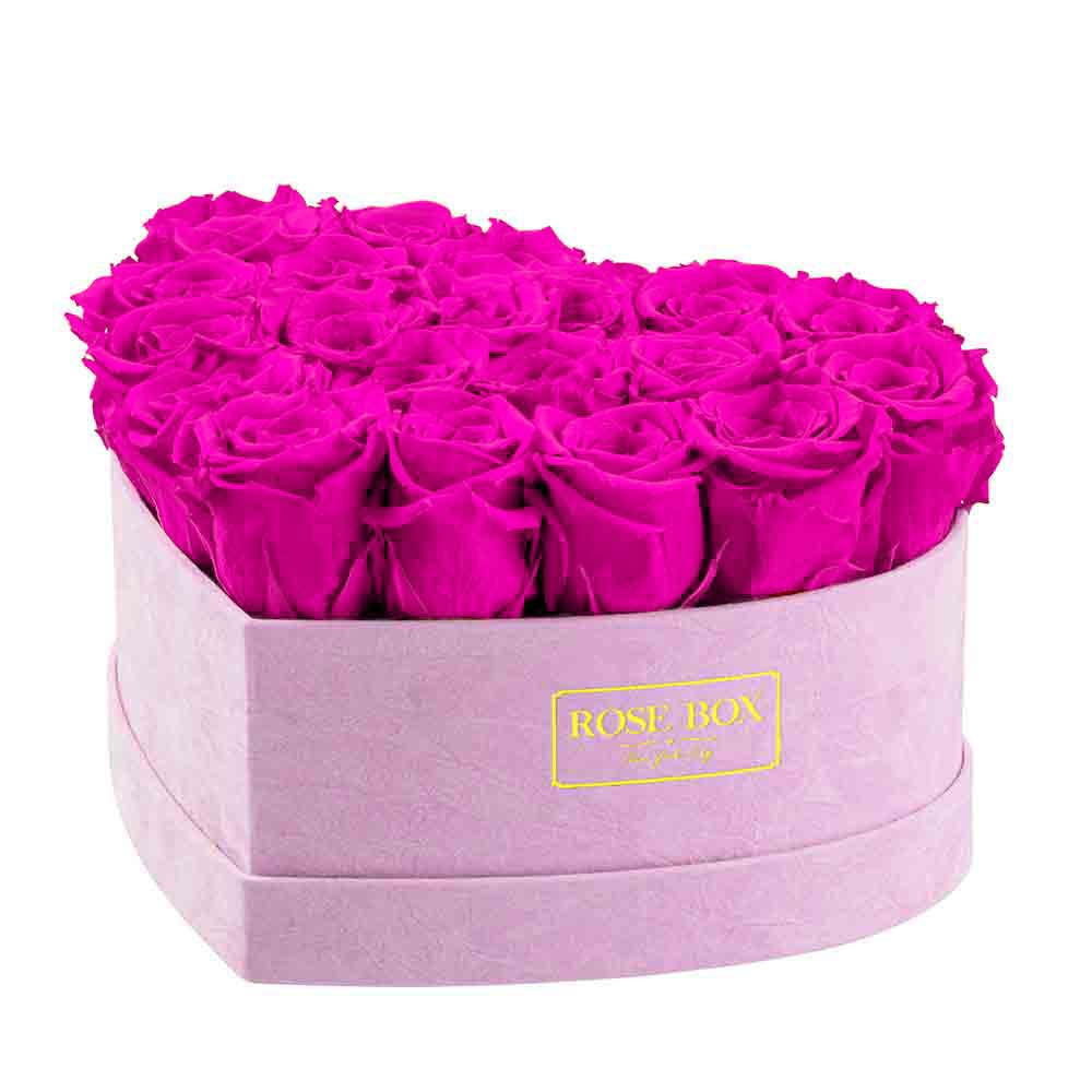 Medium Violet Heart Box with Neon Pink Roses