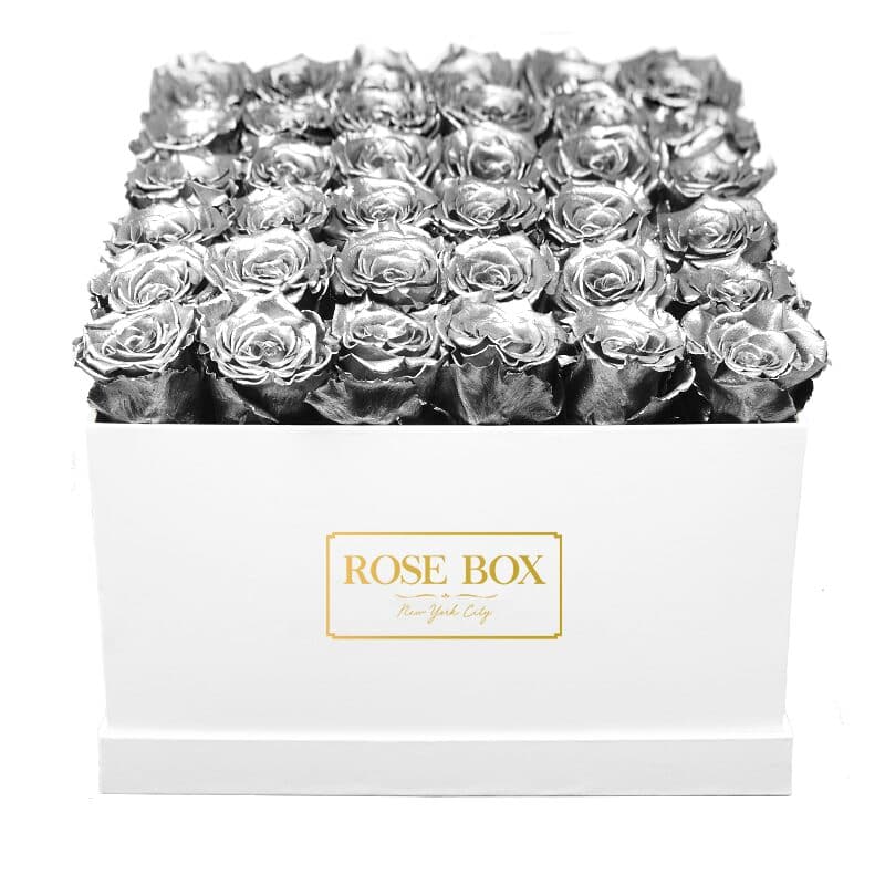 Large White Square Box with Silver Roses